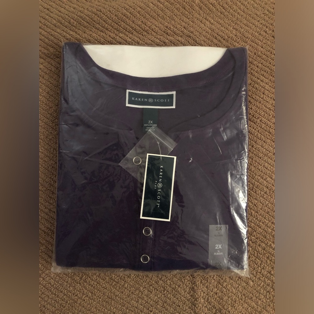 Karen Scott Purple Notch-Neck Henley 3/4 Sleeve Top, Plus Size 2X, NWT